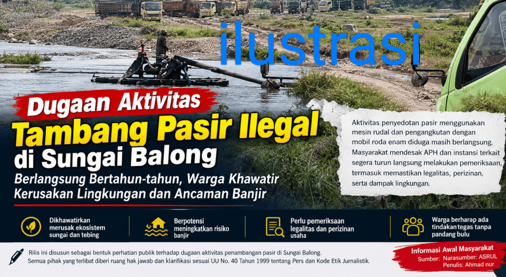 Dugaan Aktivitas Tambang Pasir Ilegal di Sungai Balong Berlangsung Bertahun-tahun, Warga Khawatir Kerusakan Lingkungan dan Ancaman Banjir