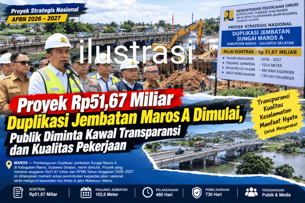 Proyek Rp51,67 Miliar Duplikasi Jembatan Maros A Dimulai, Publik Diminta Kawal Transparansi dan Kualitas Pekerjaan